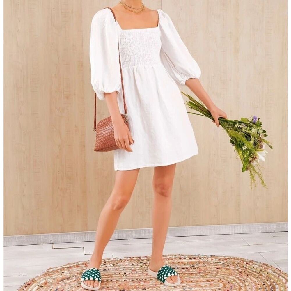 Tuckernuck Annie Smocked Linen Puff Sleeve Mini Dress White Coastal Angel Size M